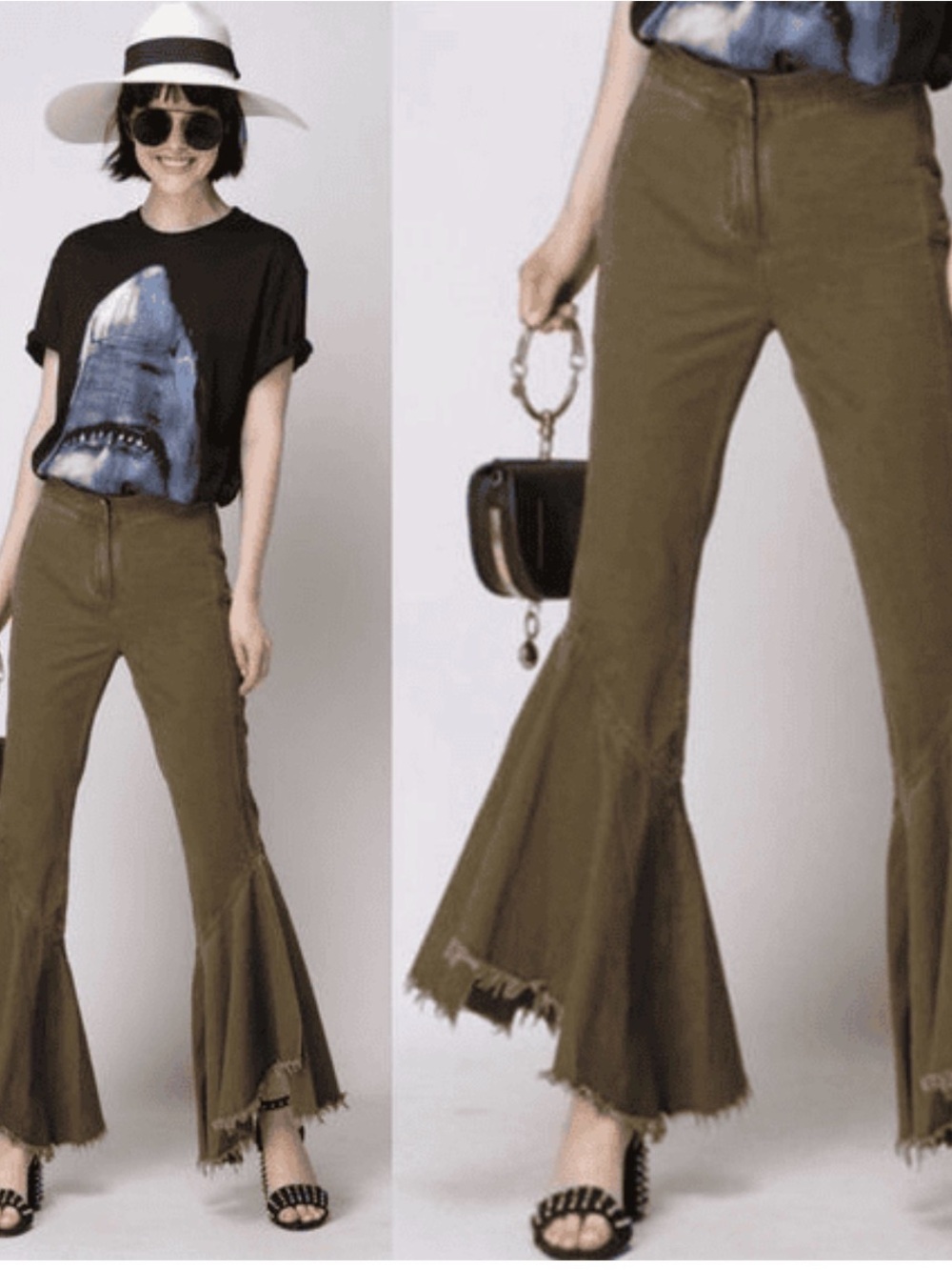 Olive Green Flared Fringe Hem Pants - Women